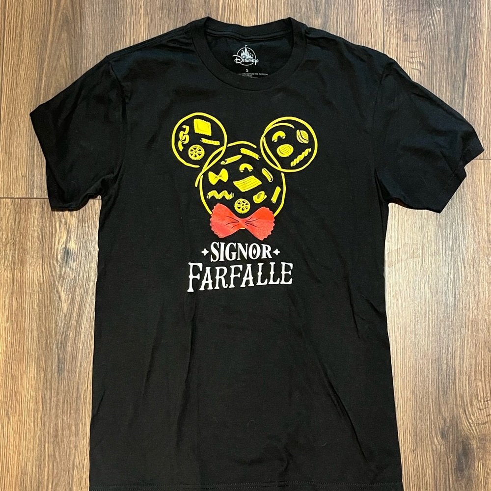 Disney “Signor Farfalle” Black T-Shirt with Yellow and Red Pasta Graphic